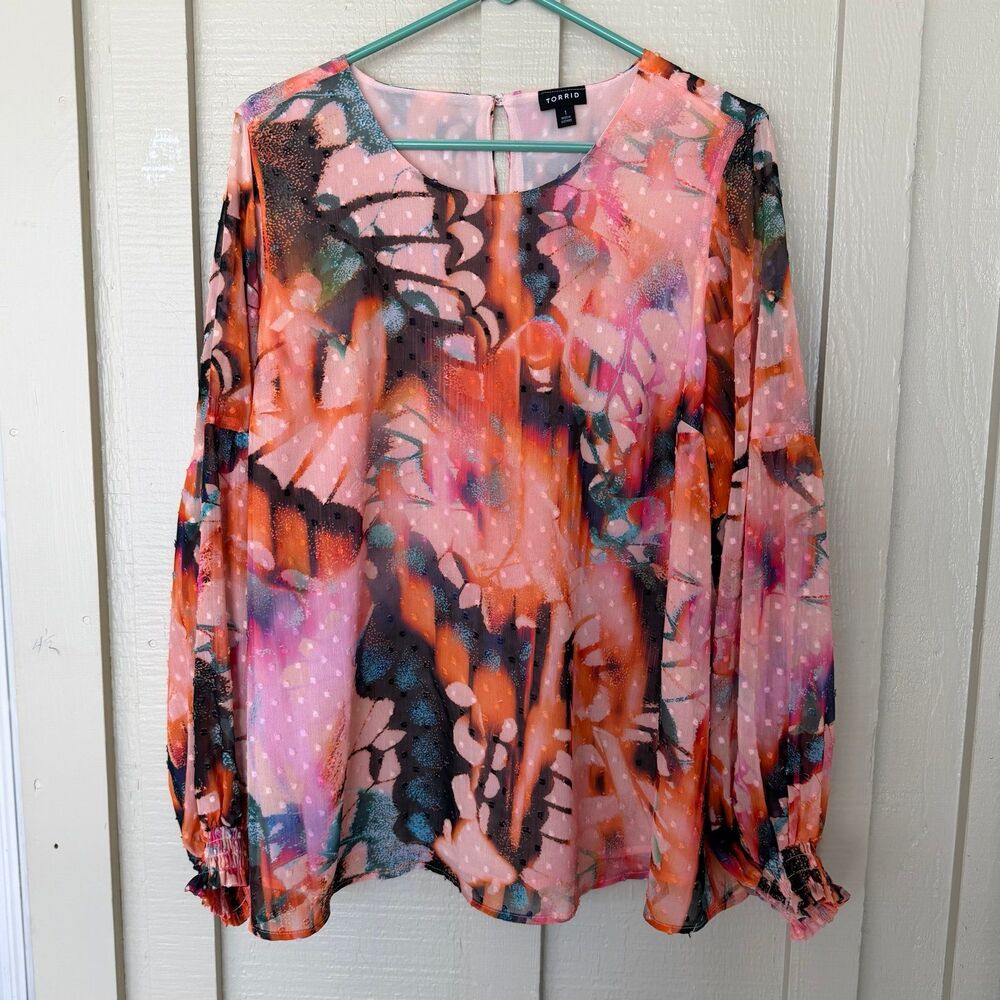Torrid Chiffon Clip Dot Blouson Sleeve Blouse Plus Size 1 shirt 1X